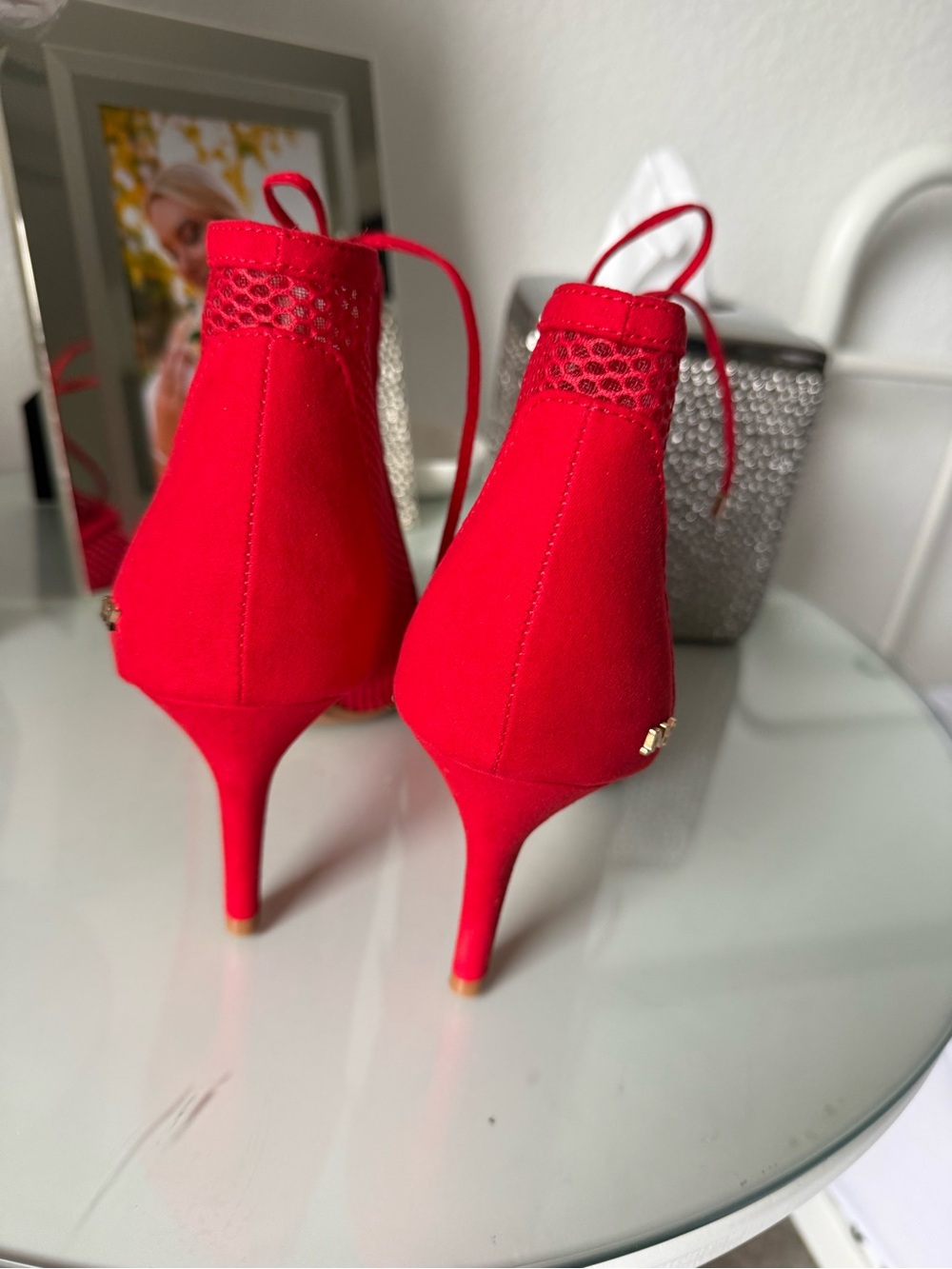 Jones New York Red Lace-Up Mesh Pointed-Toe Heels - Picture 3 of 7